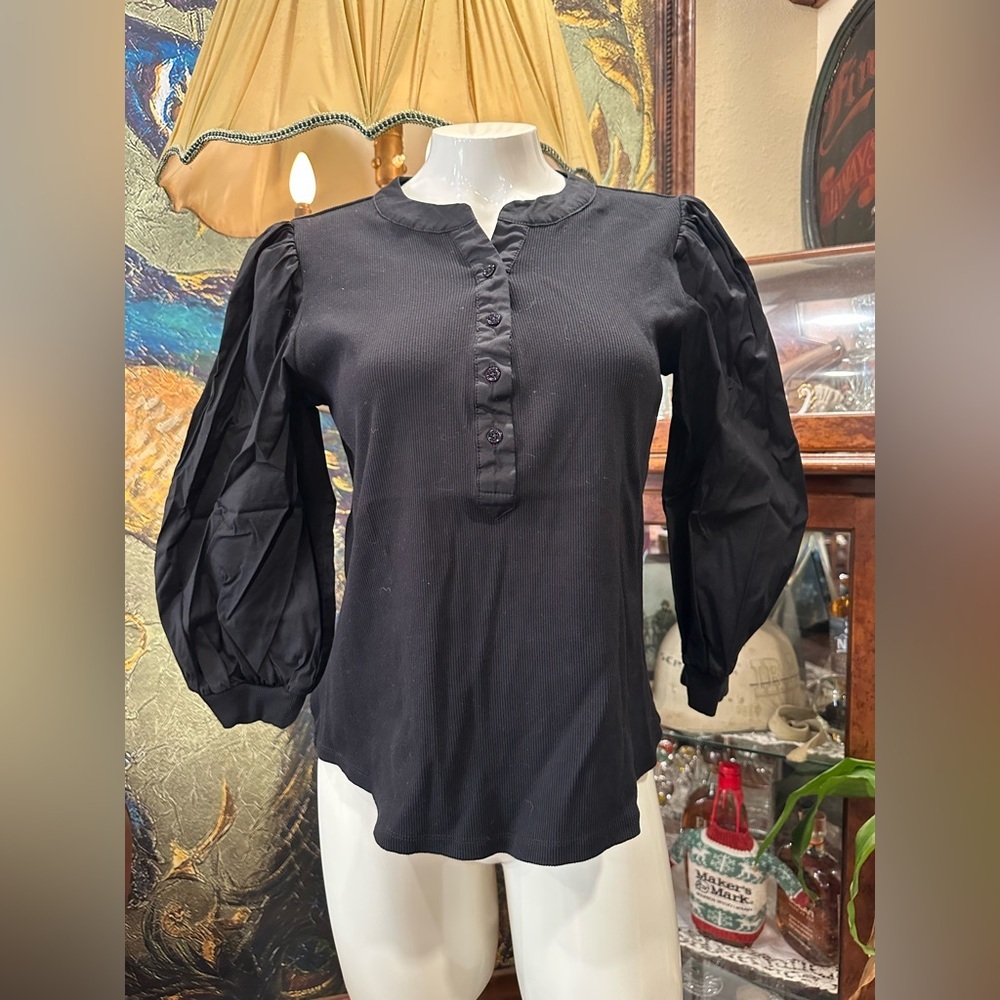 EUC Chico's Black Blouse with Puff Sleeves and Mandarin Collar